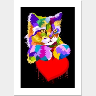 Colorful Cat Dripping Heart Gift for kittens Lovers Posters and Art